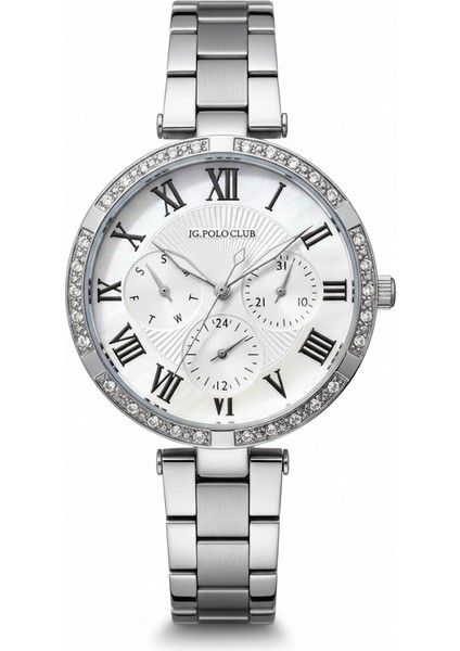 Jg. Polo Club Kadın Kol Saati Gümüş Renk, Beyaz Kadran - Şık Metal Kordon, 2 Yıl Garantili