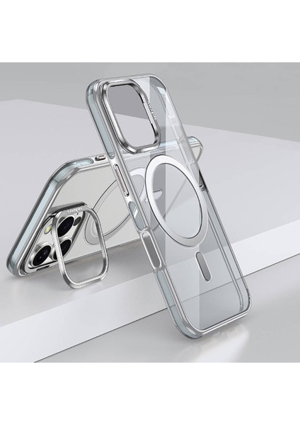 iPhone 16 Pro Max Uyumlu Kılıf Wlons Magsafeli Renkli Çerçeve Standlı Efsane Kapak Gri