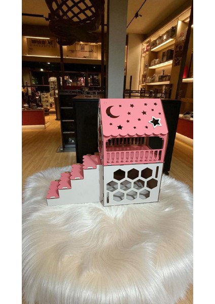 Ismeözel Ahşap Dekoratif Büyük Kedi Evi Minder ve Tasma Hediyeli Kulübesi Oyun Ev Pembe-Beyaz