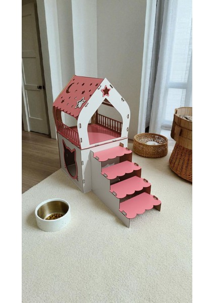 Ismeözel Ahşap Dekoratif Büyük Kedi Evi Minder ve Tasma Hediyeli Kulübesi Oyun Ev Pembe-Beyaz fiyatları