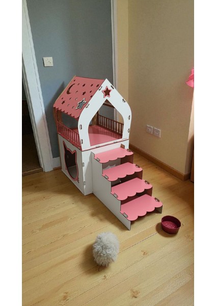 Ismeözel Ahşap Dekoratif Büyük Kedi Evi Minder ve Tasma Hediyeli Kulübesi Oyun Ev Pembe-Beyaz modelleri