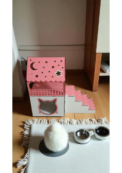 Ismeözel Ahşap Dekoratif Büyük Kedi Evi Minder ve Tasma Hediyeli Kulübesi Oyun Ev Pembe-Beyaz indirimleri