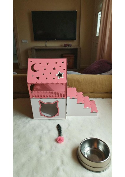 Ismeözel Ahşap Dekoratif Büyük Kedi Evi Minder ve Tasma Hediyeli Kulübesi Oyun Ev Pembe-Beyaz