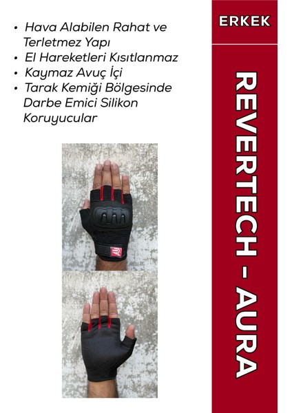 Revertech Aura Kırmızı / Yarım Parmak - Kaymaz Avuç Içi Özellikli Motosiklet Eldiveni (Erkek)
