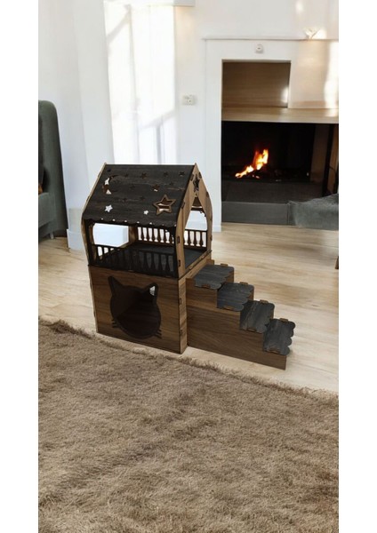 Ismeözel Ahşap Dekoratif Büyük Kedi Evi Minder ve Tasma Hediyeli Kulübesi Oyun Ev Rebab-Tesbih