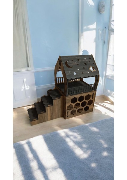 Ismeözel Ahşap Dekoratif Büyük Kedi Evi Minder ve Tasma Hediyeli Kulübesi Oyun Ev Rebab-Tesbih fiyatları