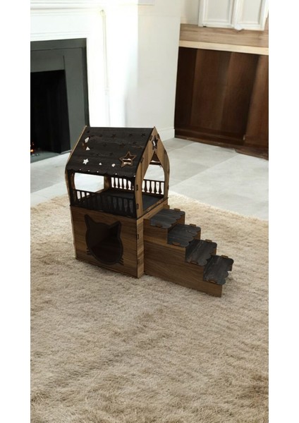 Ismeözel Ahşap Dekoratif Büyük Kedi Evi Minder ve Tasma Hediyeli Kulübesi Oyun Ev Rebab-Tesbih