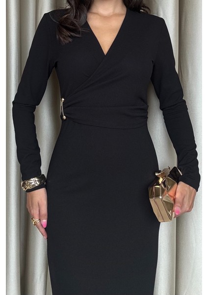 Valina Önü Pileli Uzun Kollu Davet & Günlük Şık Kadın Siyah Elbise fırsatları