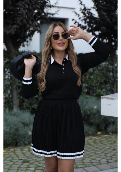 Buketli Kadın Üstü Uzum Kol Polo Yaka Bluzlü Altı Beli Lastikli Pliseli Ribanalı Etek Bluz Takım