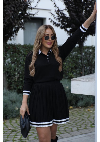 Buketli Kadın Üstü Uzum Kol Polo Yaka Bluzlü Altı Beli Lastikli Pliseli Ribanalı Etek Bluz Takım fiyatları