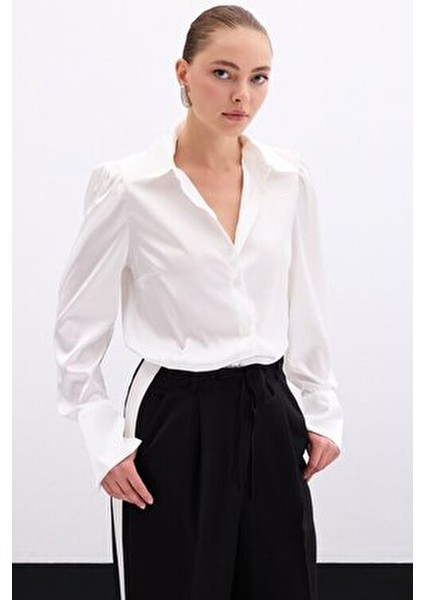 Vatkalı Saten Gömlek - Ekru