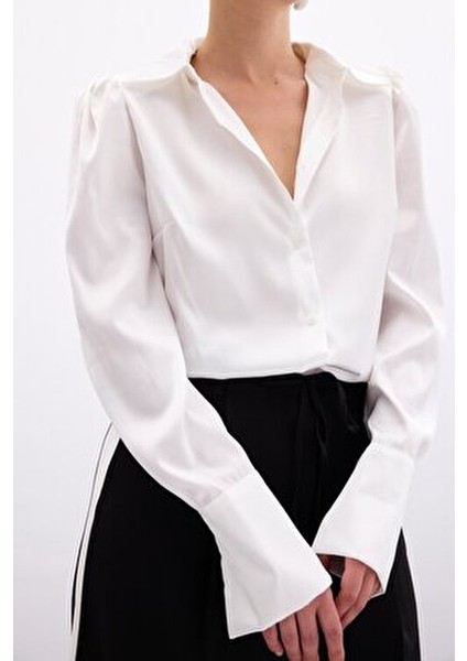 Vatkalı Saten Gömlek - Ekru