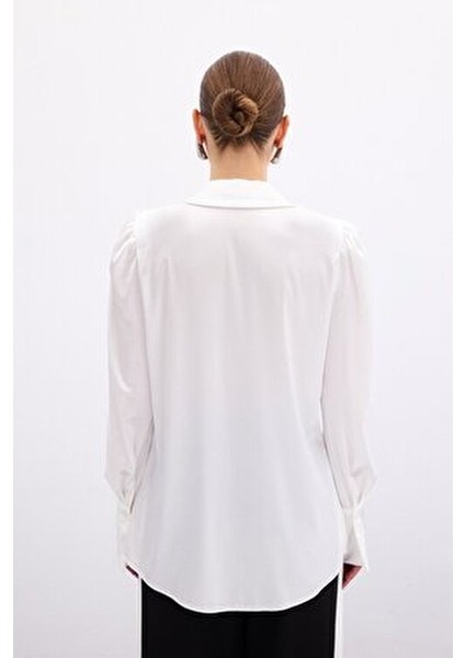 Vatkalı Saten Gömlek - Ekru
