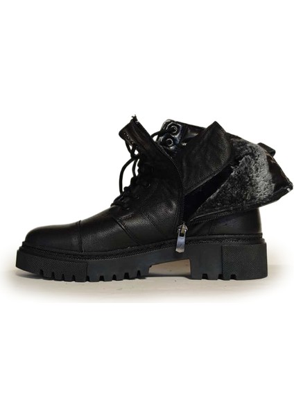 Makras Exclusıve Kadın Maskaratlı Siyah Fermuarlı Hakiki Deri Içi Kürklü Bot