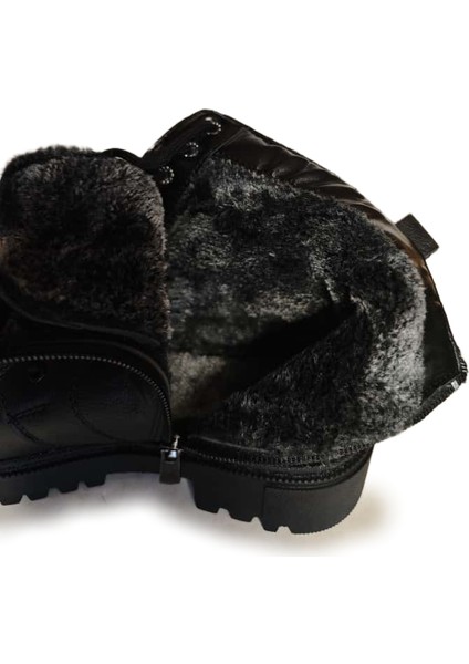 Makras Exclusıve Kadın Maskaratlı Siyah Fermuarlı Hakiki Deri Içi Kürklü Bot