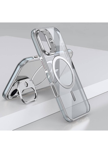 iPhone 16 Plus Uyumlu Kılıf Wlons Magsafeli Renkli Çerçeve Standlı Efsane Kapak Gri