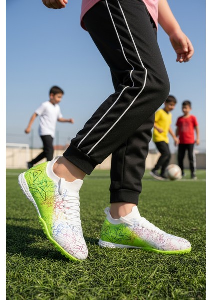 Beyaz Yeşil Bilekten Çoraplı Erkek Çocuk Halı Saha Ayakkabısı FH-252-153 F modelleri