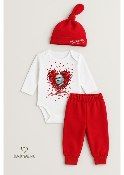 Baby Den's %100 Pamuk Atatürk Baskılı 3'lü Yenidoğan Bebek Takımı | Uzun Kol Body Zıbın (Üst), Pantolon ve Bere (Şapka) Seti Kırmızı Beyaz fiyatları