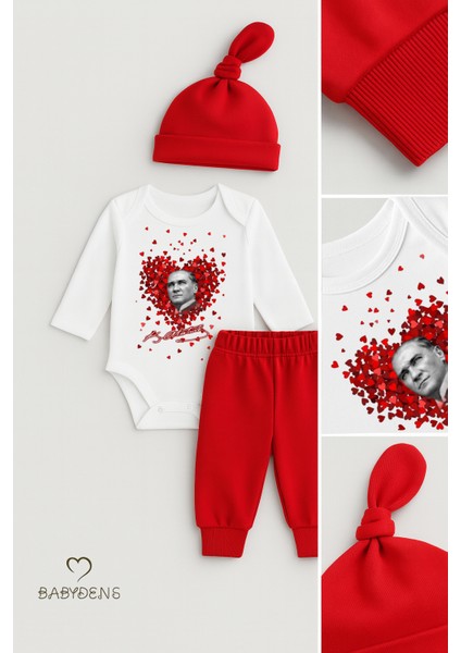 Baby Den's %100 Pamuk Atatürk Baskılı 3'lü Yenidoğan Bebek Takımı | Uzun Kol Body Zıbın (Üst), Pantolon ve Bere (Şapka) Seti Kırmızı Beyaz modelleri