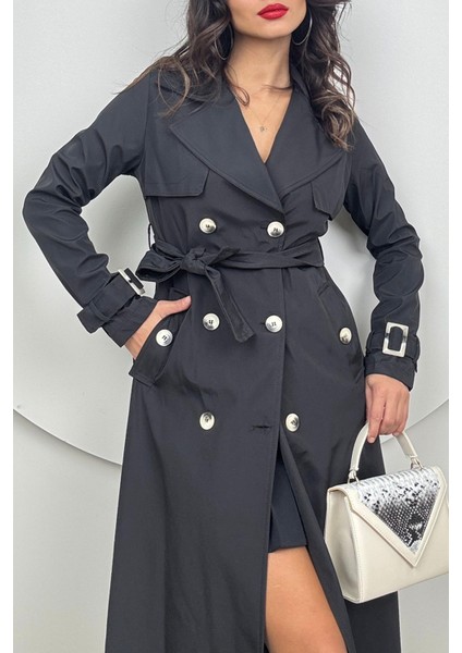 Narvex Kadın Siyah Bağlama Kemerli Düğmeli Kruvaze Siyah Trençkot modelleri