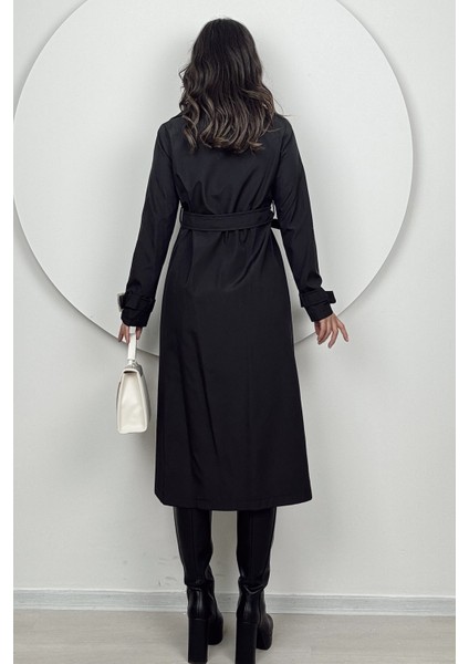 Narvex Kadın Siyah Bağlama Kemerli Düğmeli Kruvaze Siyah Trençkot fırsatları