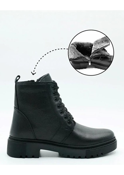 Makras Exclusıve Kadın Tüm Yüz Siyah Fermuarlı Hakiki Deri Içi Kürklü Bot