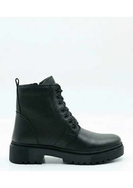 Makras Exclusıve Kadın Tüm Yüz Siyah Fermuarlı Hakiki Deri Içi Kürklü Bot