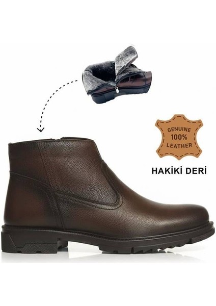 Makras Exclusıve Erkek Fermuarlı Kahve Hakiki Deri Günlük Içi Kürklü Bot