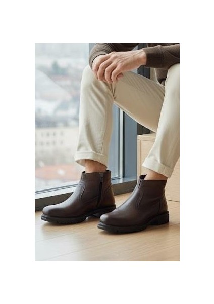 Makras Exclusıve Erkek Fermuarlı Kahve Hakiki Deri Günlük Içi Kürklü Bot