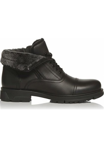 Makras Exclusıve Erkek Bağcık + Fermuar Siyah Hakiki Deri Içi Kürklü Günlük Bot