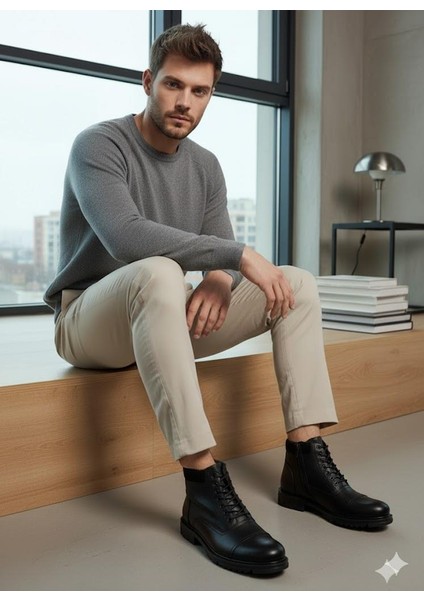 Makras Exclusıve Erkek Bağcık + Fermuar Siyah Hakiki Deri Içi Kürklü Günlük Bot