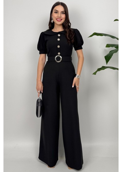 Firenze Kadın Düğmeli Kemer Detaylı Bol Paça Siyah Tulum – Zarif Akşam Şıklığı