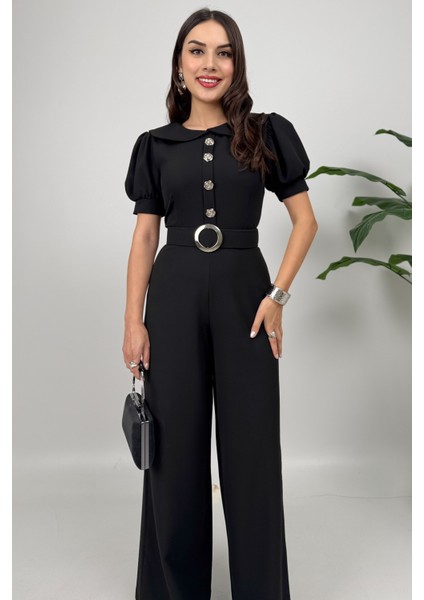 Firenze Kadın Düğmeli Kemer Detaylı Bol Paça Siyah Tulum – Zarif Akşam Şıklığı modelleri