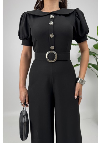 Firenze Kadın Düğmeli Kemer Detaylı Bol Paça Siyah Tulum – Zarif Akşam Şıklığı fırsatları