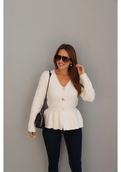 Ekru Gold Düğme Detay Peplum Hırka