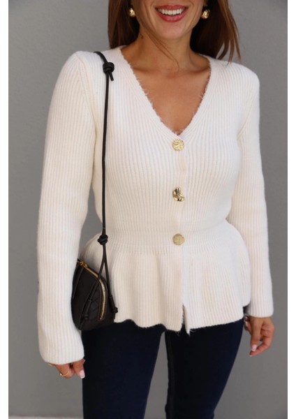 Ekru Gold Düğme Detay Peplum Hırka modelleri