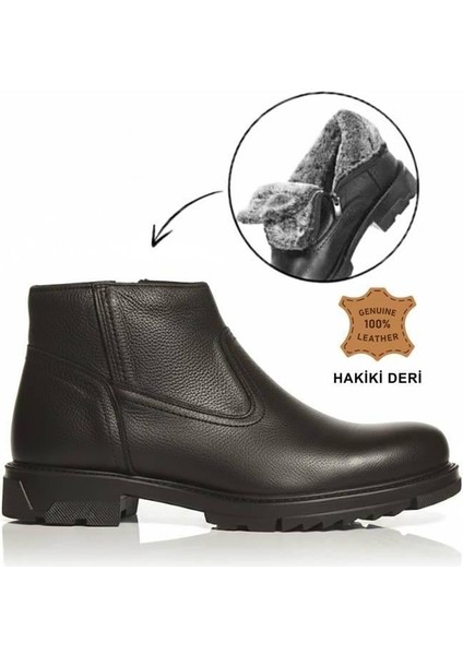 Makras Exclusıve Erkek Fermuarlı Siyah Hakiki Deri Günlük Içi Kürklü Bot