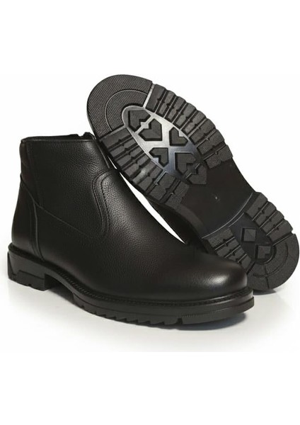 Makras Exclusıve Erkek Fermuarlı Siyah Hakiki Deri Günlük Içi Kürklü Bot