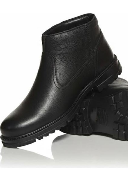 Makras Exclusıve Erkek Fermuarlı Siyah Hakiki Deri Günlük Içi Kürklü Bot
