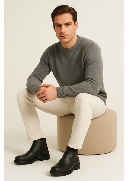 Makras Exclusıve Erkek Fermuarlı Siyah Hakiki Deri Günlük Içi Kürklü Bot