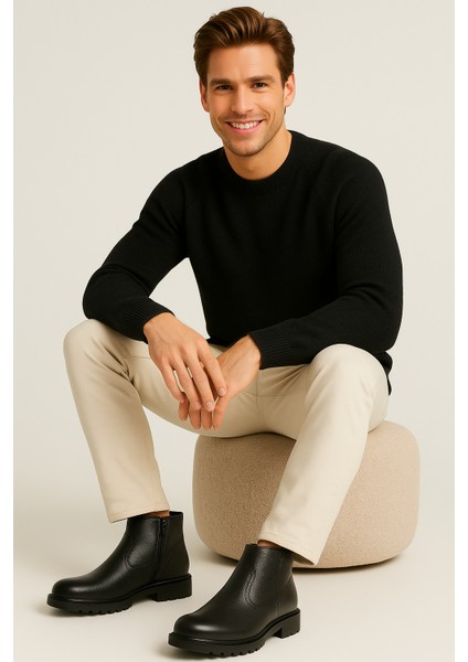 Makras Exclusıve Erkek Fermuarlı Siyah Hakiki Deri Günlük Içi Kürklü Bot