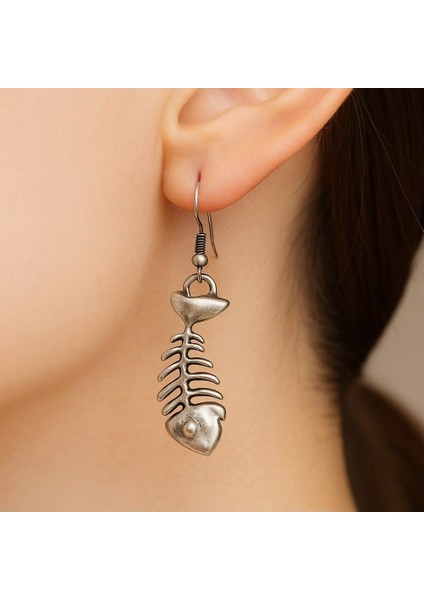 Balık Iskeleti Şekilli Kadın Küpe Çift Adet Gümüş Kaplama El Yapımı Küpe