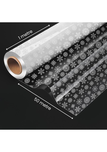 Yılbaşı Kar Tanesi Desenli Opp Şeffaf Rulo Jelatin, Çiçek & Hediye Paketleme, 20 Mikron-1metre X50M