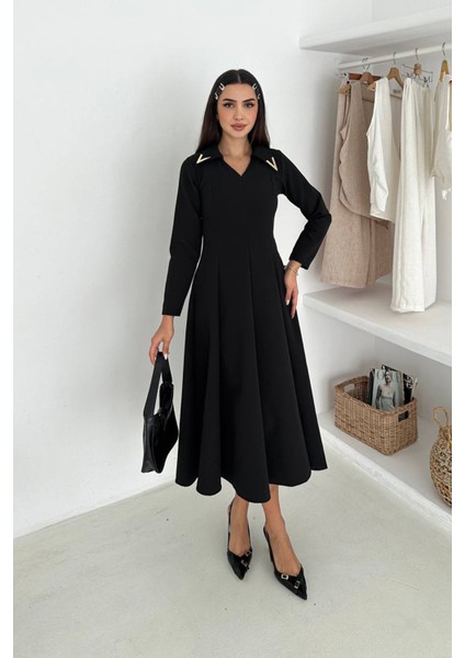 Kadın Gold Yaka Detaylı Midi Boy Uzun Kollu Elbise NBK4360