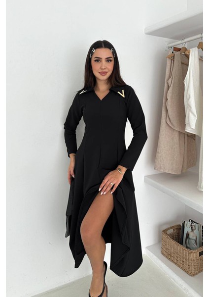 Kadın Gold Yaka Detaylı Midi Boy Uzun Kollu Elbise NBK4360 fiyatları