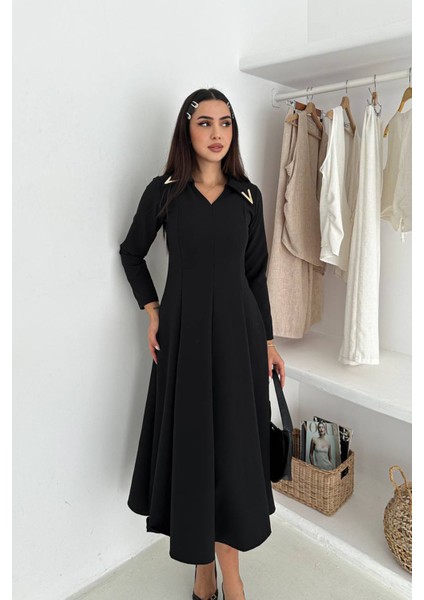 Kadın Gold Yaka Detaylı Midi Boy Uzun Kollu Elbise NBK4360 modelleri