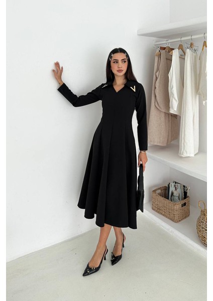 Kadın Gold Yaka Detaylı Midi Boy Uzun Kollu Elbise NBK4360 fırsatları