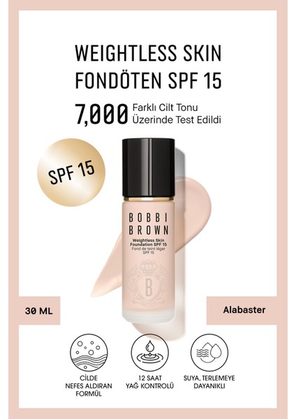 Weightless Skin 24 Saat Kalıcı Likit Fondöten SPF 15 - Doğal ve Mat Bitişli - Alabaster - 30 ml