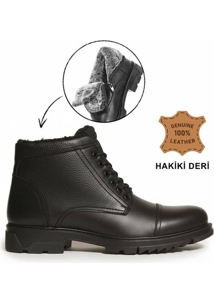 Makras Exclusıve Erkek Bağcık + Fermuar Siyah Hakiki Deri Içi Kürklü Günlük Bot