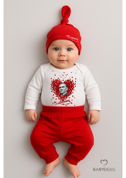 Baby Den's %100 Pamuk Atatürk Baskılı 3'lü Yenidoğan Bebek Takımı | Uzun Kol Body Zıbın (Üst), Pantolon ve Bere (Şapka) Seti Kırmızı Beyaz
